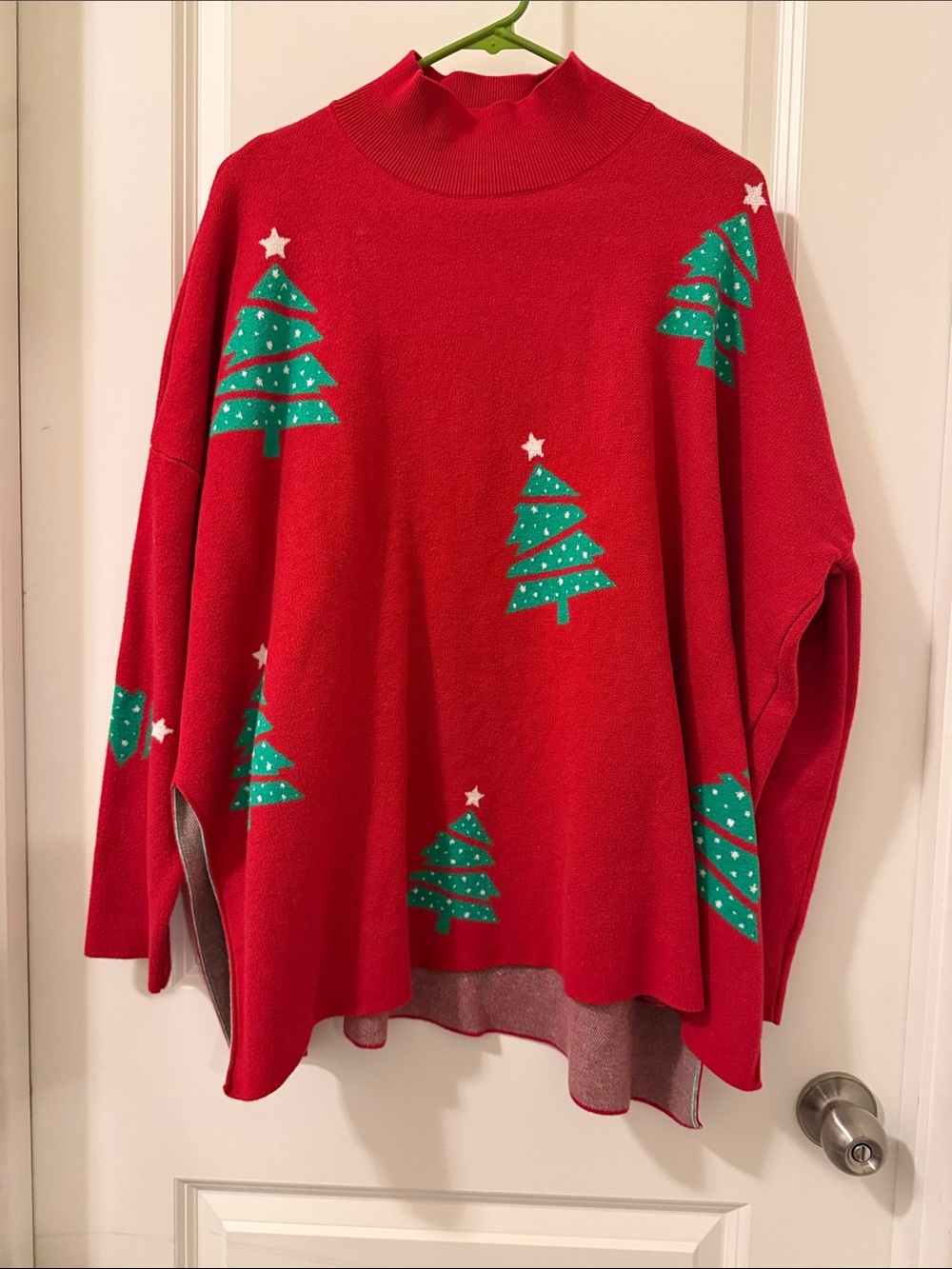 Women's Red Turtleneck Sweater with Green Tree Motif